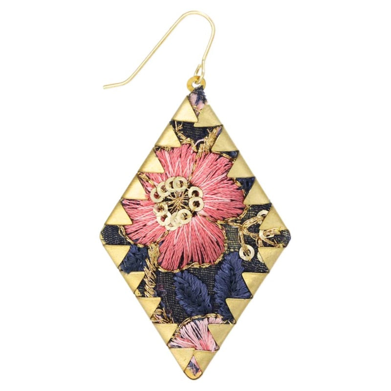 Embroidered Pink Diamond Drop Earrings