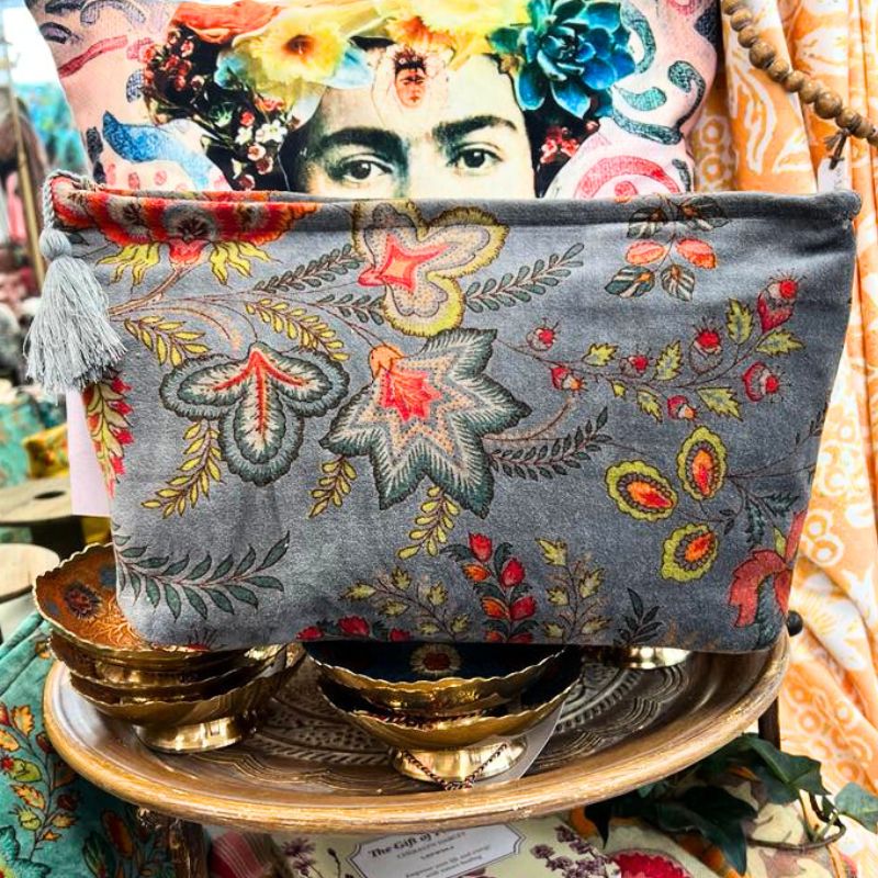 Plush Velvet Exotic Floral Beauty Bag in Grey