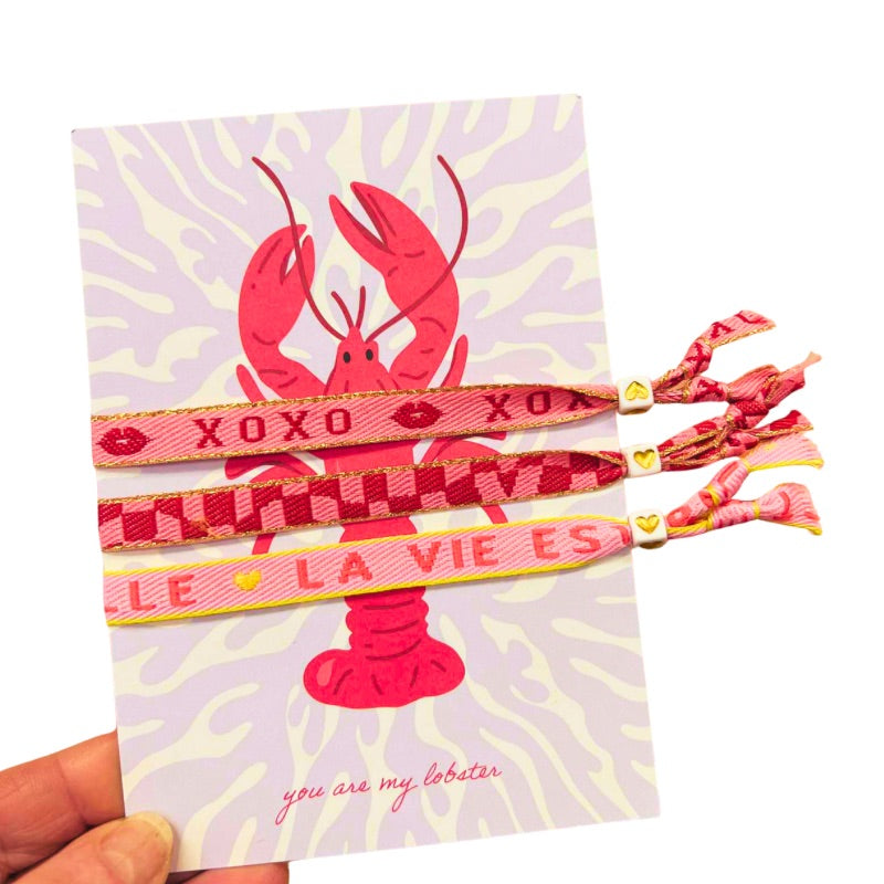 Lobster Love Greeting Card with 3 Ribbon Bracelets