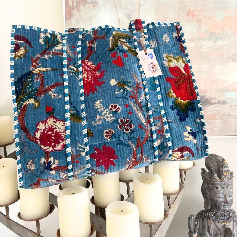 Mandalay Velvet Floral Tote Bag - Blue