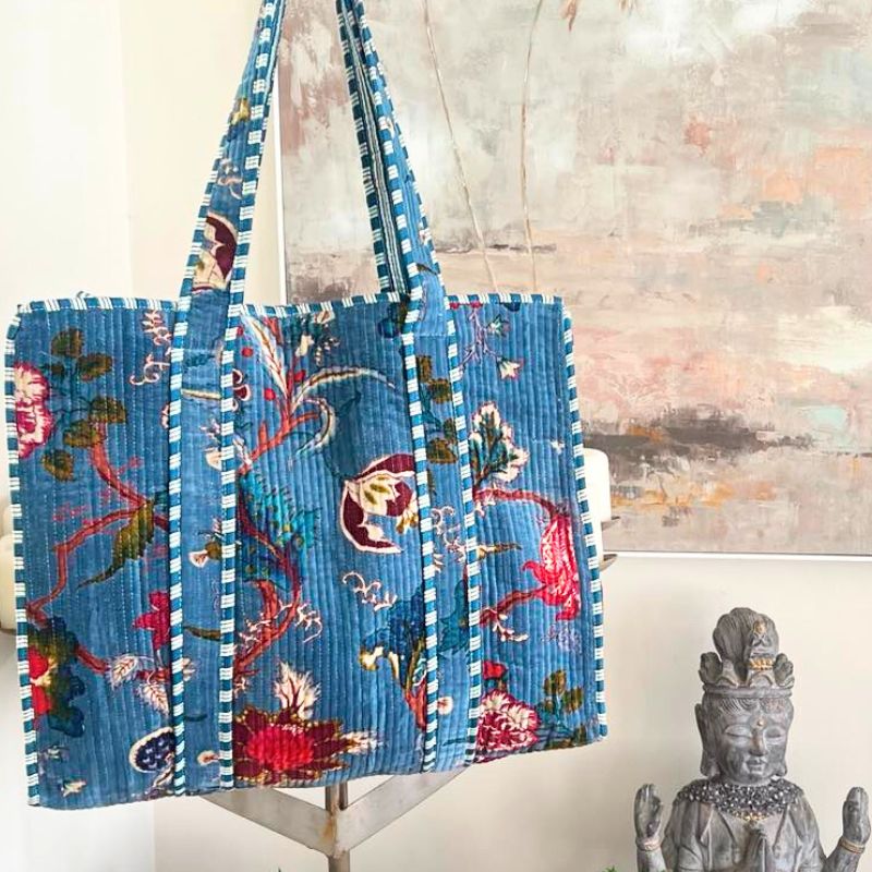 Mandalay Velvet Floral Tote Bag - Blue