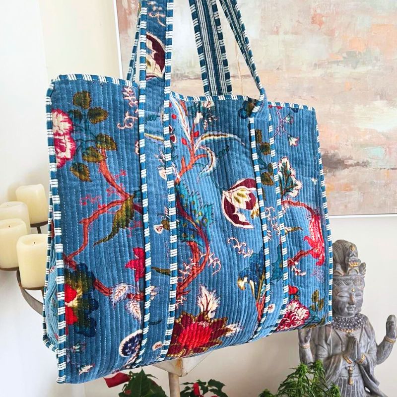 Mandalay Velvet Floral Tote Bag - Blue