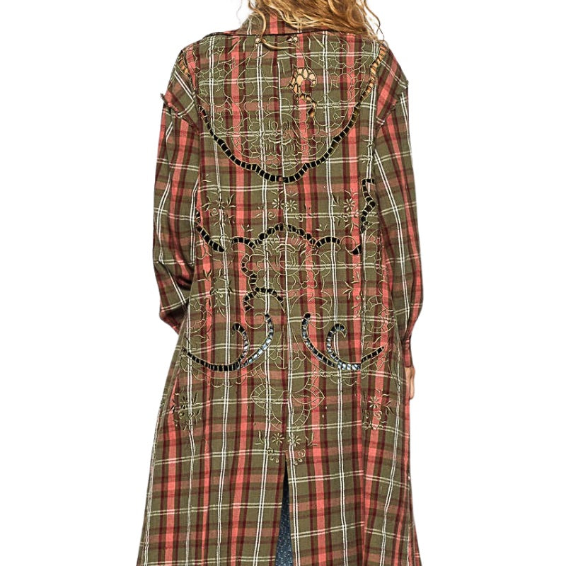 Olive/Earth Pink Long Plaid Jacket with Contrast Stitch Detailing