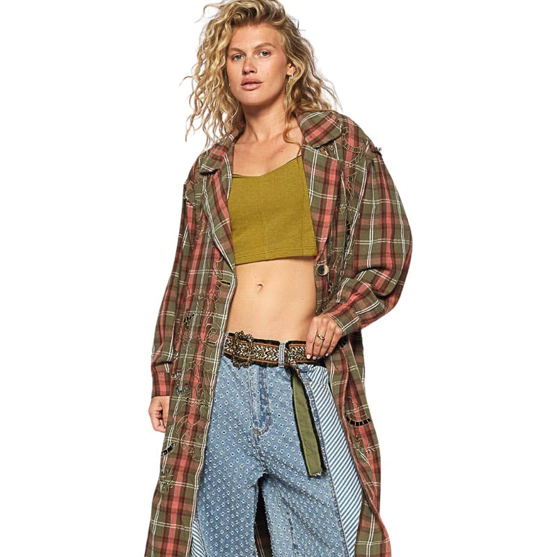Olive/Earth Pink Long Plaid Jacket with Contrast Stitch Detailing