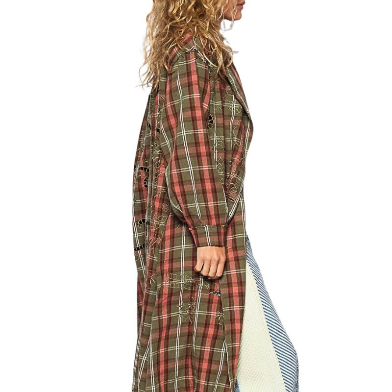 Olive/Earth Pink Long Plaid Jacket with Contrast Stitch Detailing