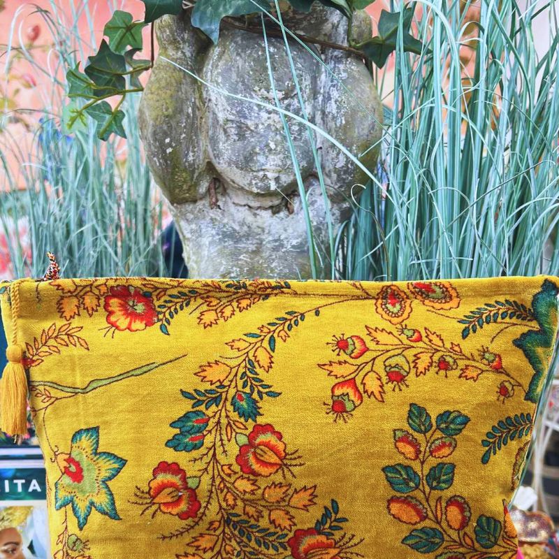 Plush Velvet Exotic Floral Beauty Bag in Turmeric
