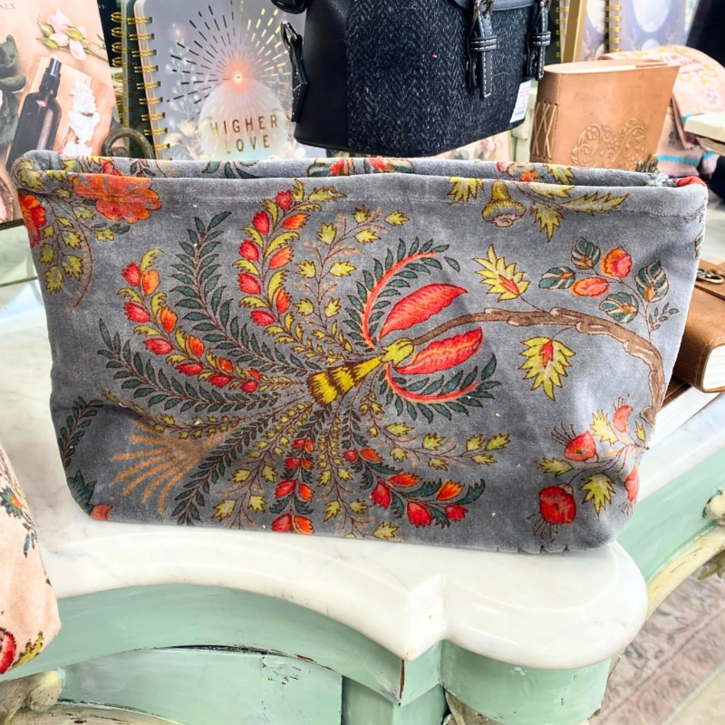 Plush Velvet Exotic Floral Beauty Bag in Grey