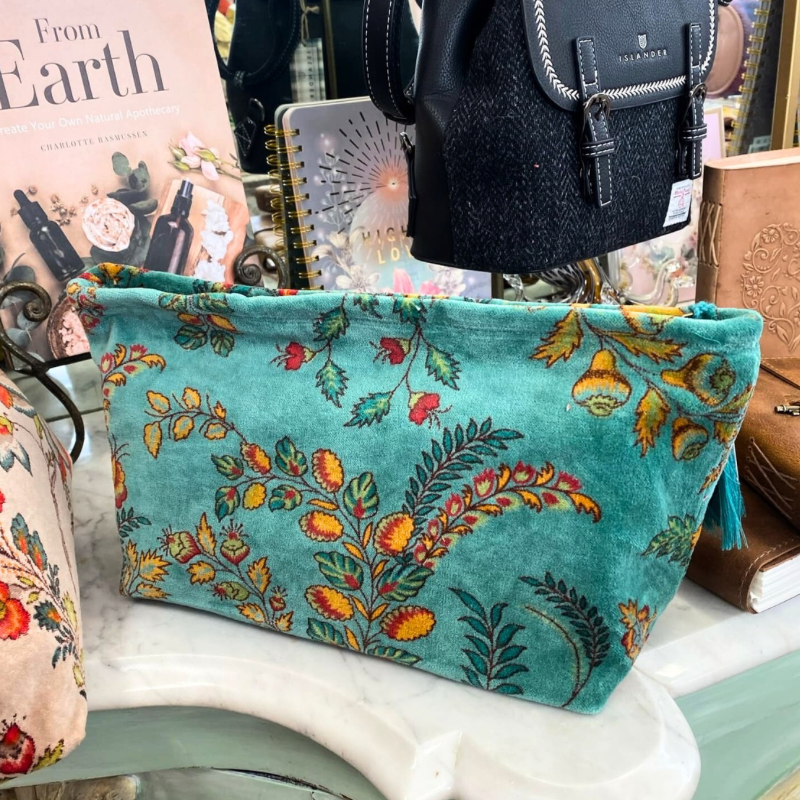 Plush Velvet Exotic Floral Beauty Bag in Teal