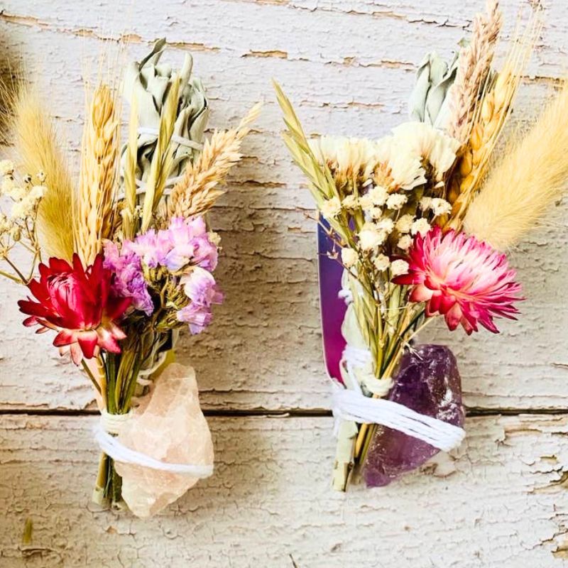 Australian Organic Sage Smudge Stick with Keepsake Flowers and Healing Crystal