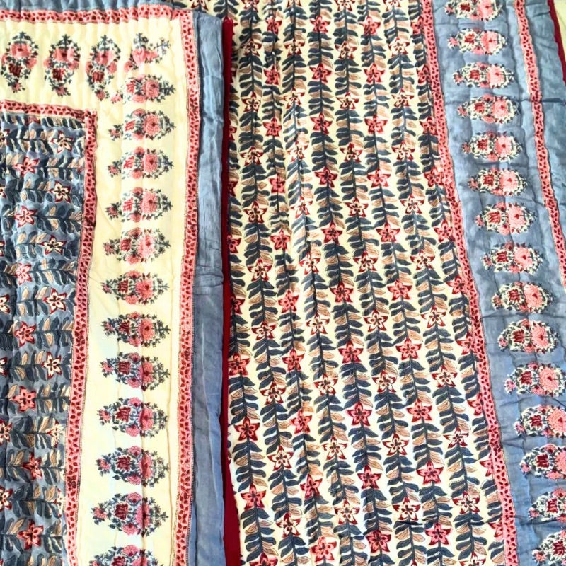 Hand Block Reversible Cotton Quilt - Newport Blue
