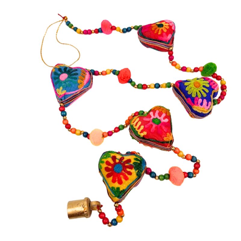 Colourful Embroidered Strand of Hearts, Beads and Bell