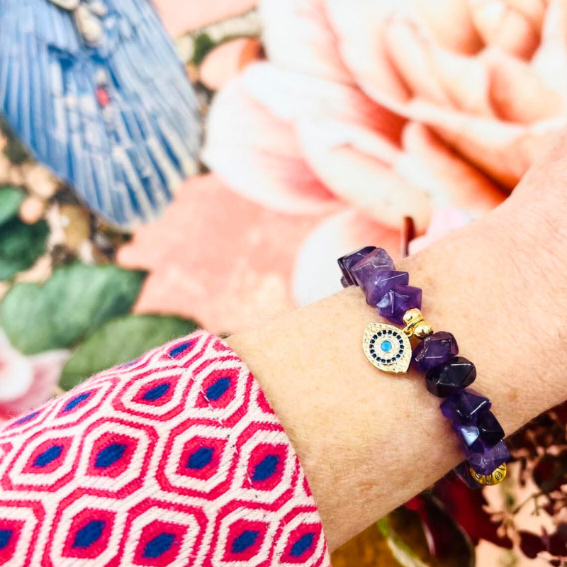 Amethyst Bracelet with Evil Eye Charm