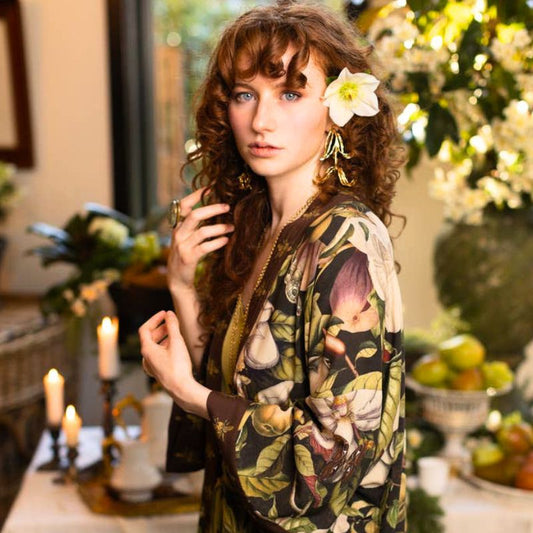 Fleur De Lune Long Duster Kimono Jacket with Florals & Bees