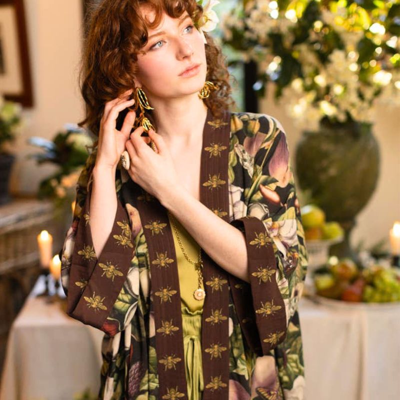 Fleur De Lune Long Duster Kimono Jacket with Florals & Bees