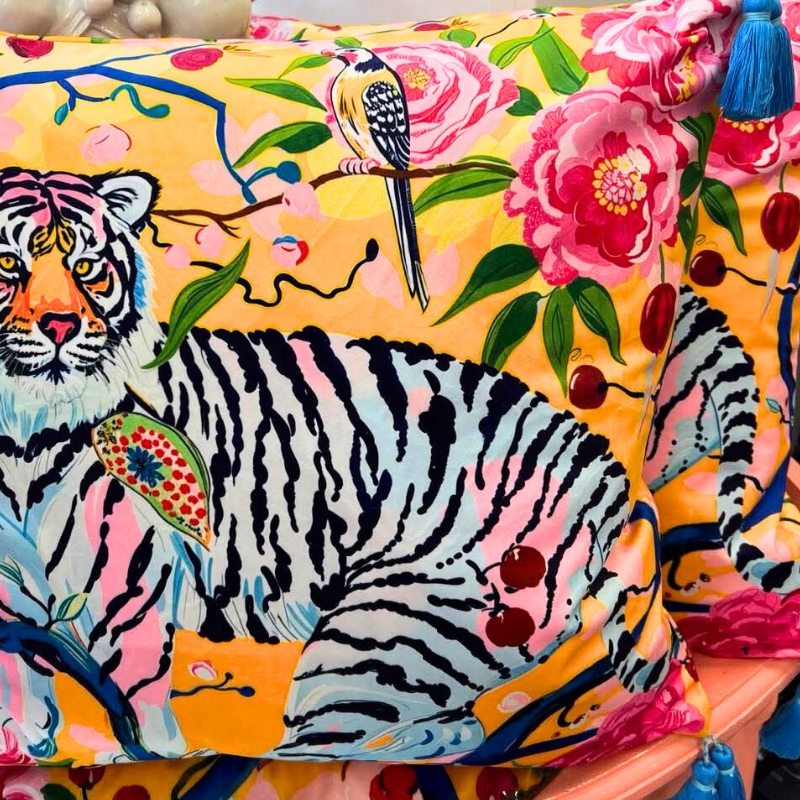 Tiger in Floral Garden Luxe Velvet Cushion