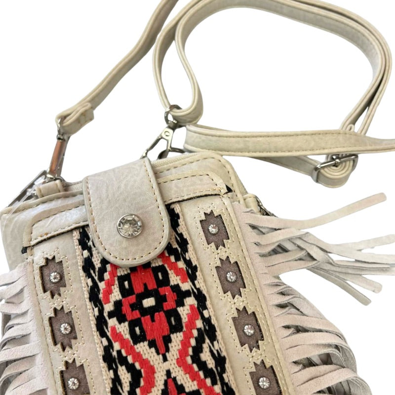 Aztec Tribal Fringe Crossbody Phone Wallet in Beige