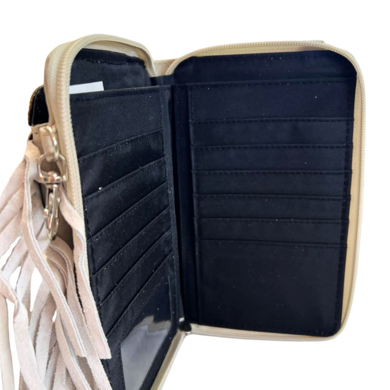 Aztec Tribal Fringe Crossbody Phone Wallet in Beige