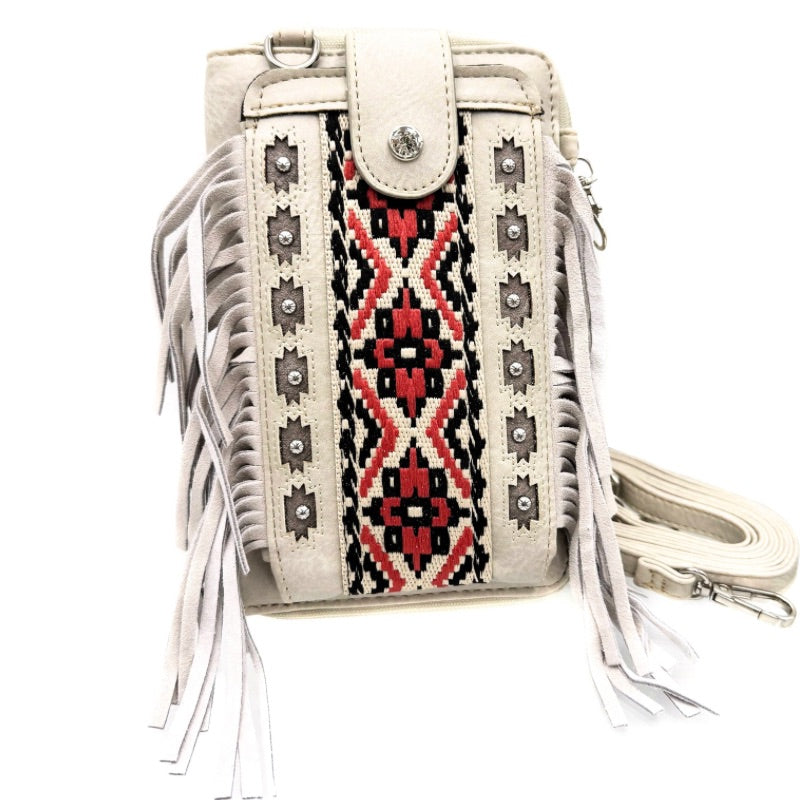 Aztec Tribal Fringe Crossbody Phone Wallet in Beige