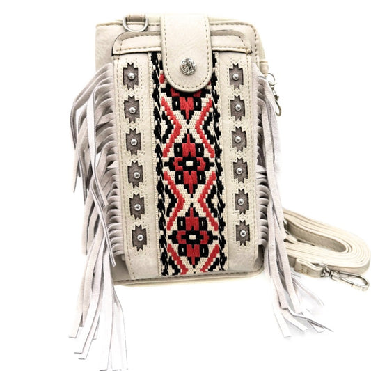 Aztec Tribal Fringe Crossbody Phone Wallet in Beige