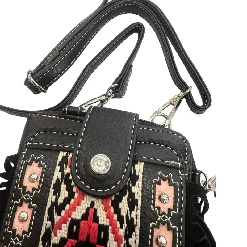 Aztec Tribal Fringe Crossbody Phone Wallet in Black