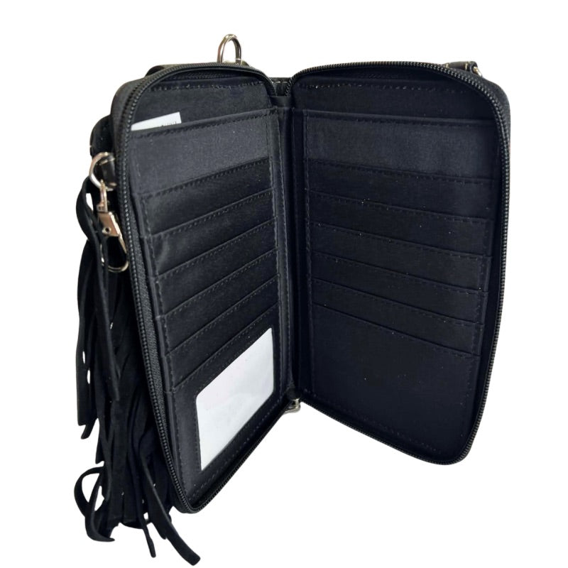Aztec Tribal Fringe Crossbody Phone Wallet in Black