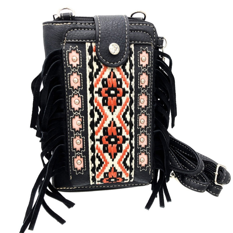Aztec Tribal Fringe Crossbody Phone Wallet in Black