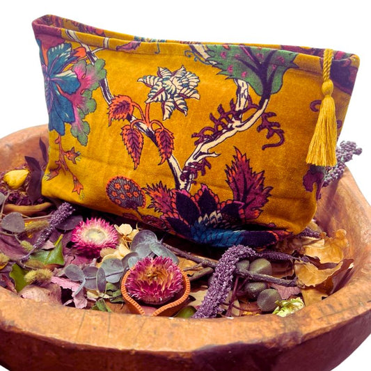 Plush Velvet Exotic Floral Beauty Bag in Earth Ochre