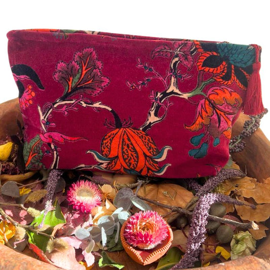 Plush Velvet Exotic Floral Beauty Bag in Deep Ruby