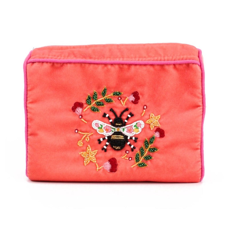 Peach Floral Bee Velvet Luxe Cosmetic Bag
