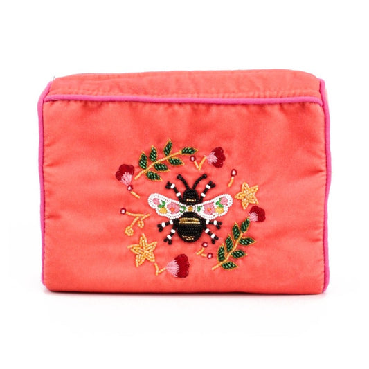 Peach Floral Bee Velvet Luxe Cosmetic Bag