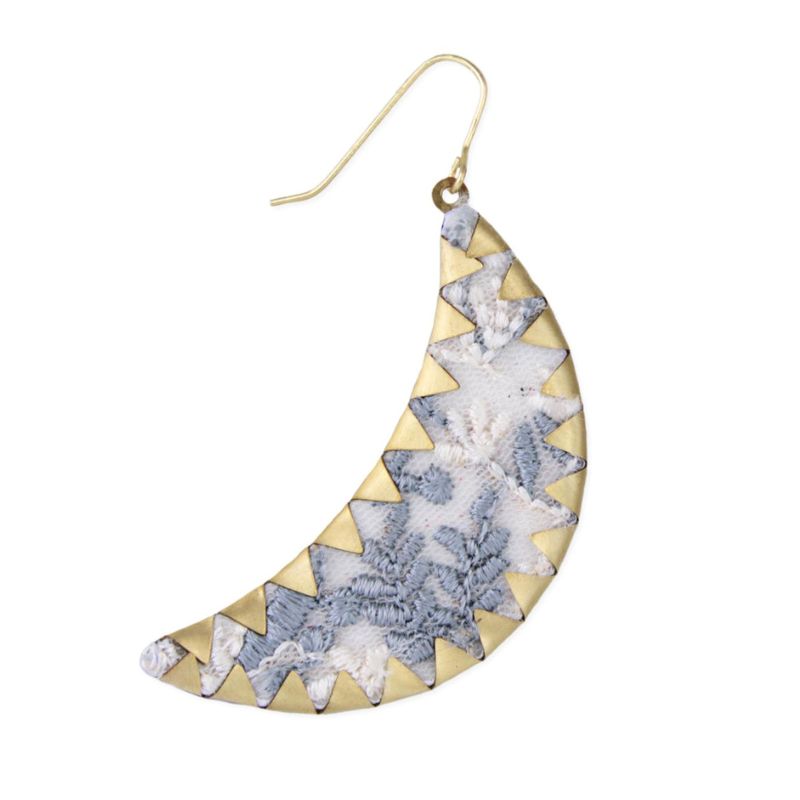 Embroidered Blue Flower Moon Earrings