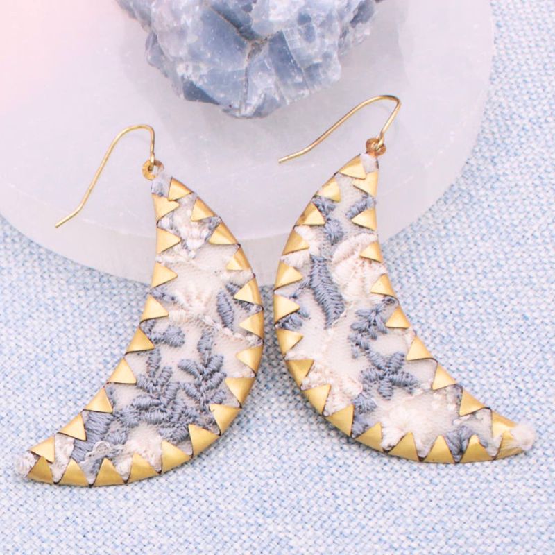 Embroidered Blue Flower Moon Earrings
