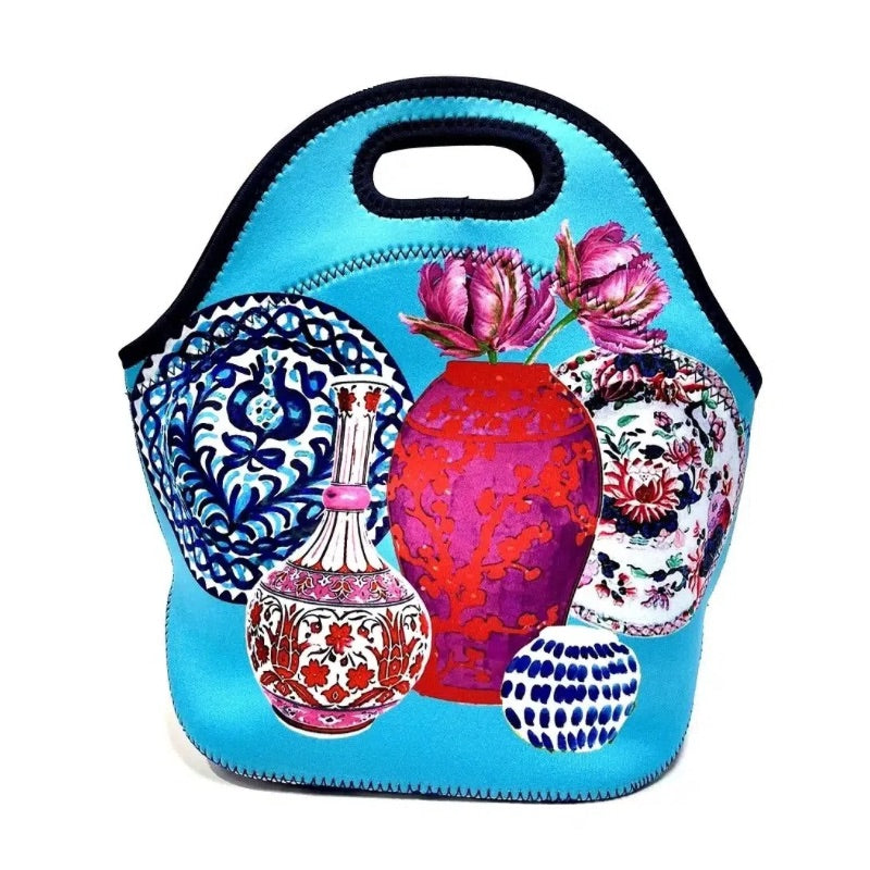 Anna Chandler Neoprene Lunch Bag - Vases on Turquoise