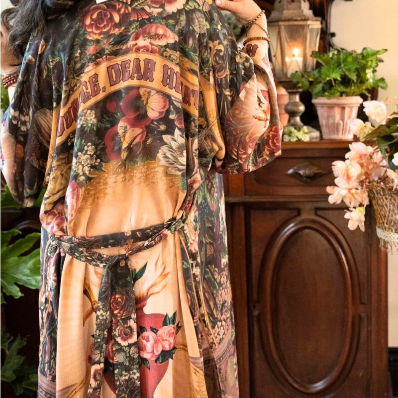 Courage Dear Heart Bohemian Long Kimono Duster with Sacred Heart