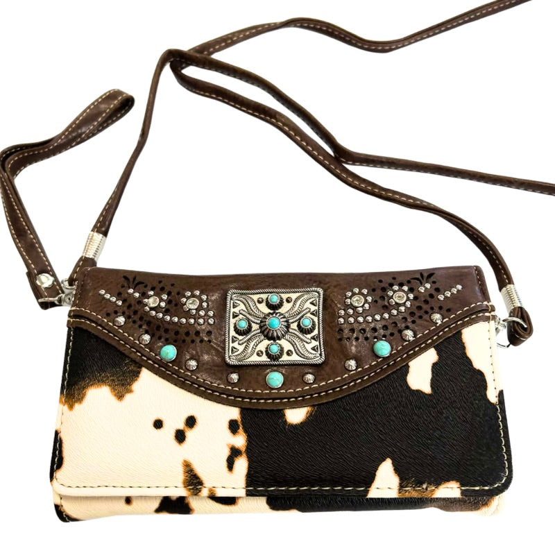Concho Cow Vegan Crossbody Wallet in Deep Brown