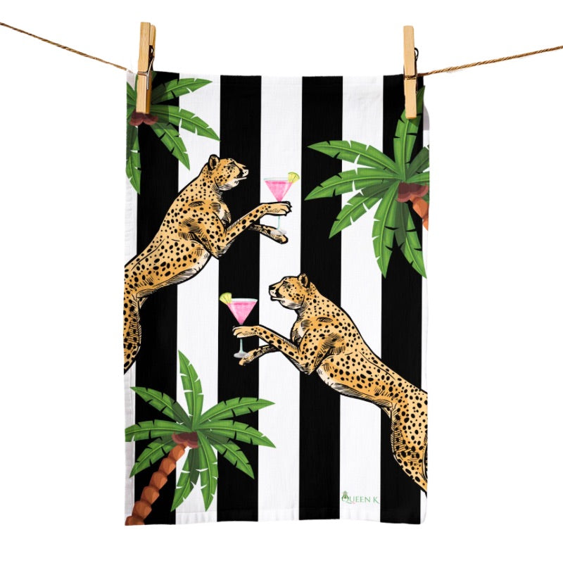 Cocktail Cheetah Black & White Striped Luxe Linen Tea Towel