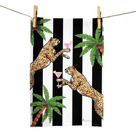 Cocktail Cheetah Black & White Striped Luxe Linen Tea Towel
