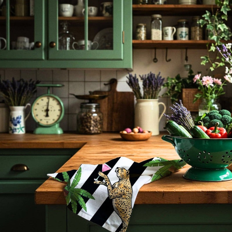 Cocktail Cheetah Black & White Striped Luxe Linen Tea Towel