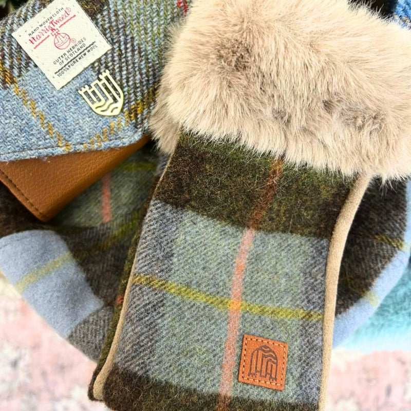 Islander UK Lambswool Fingerless Mittens in Chestnut Blue Tartan