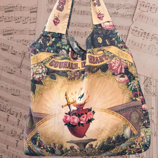Courage Dear Heart Linen Tote/ Traverse Life Bag with Sacred Heart