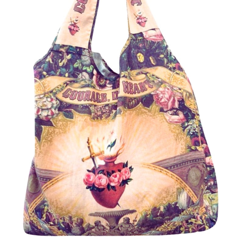 Courage Dear Heart Linen Tote/ Traverse Life Bag with Sacred Heart