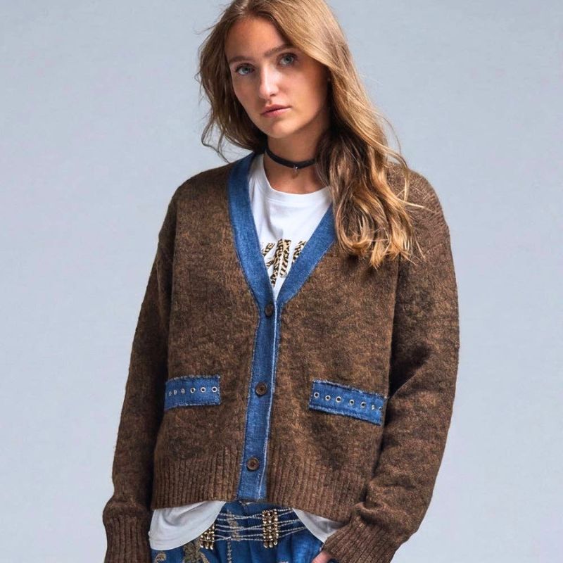 Dark Brown and Denim Contrast Cardigan
