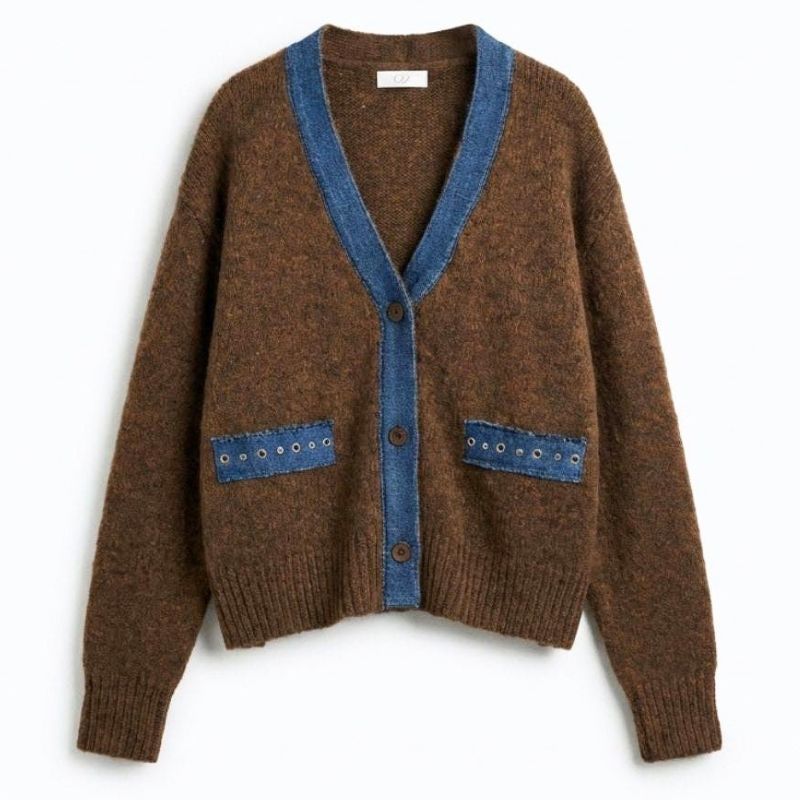 Dark Brown and Denim Contrast Cardigan
