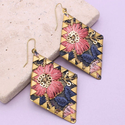 Embroidered Pink Diamond Drop Earrings
