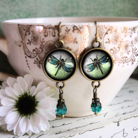 Dragonfly Vintage Inspired Glass Cabochon Earrings