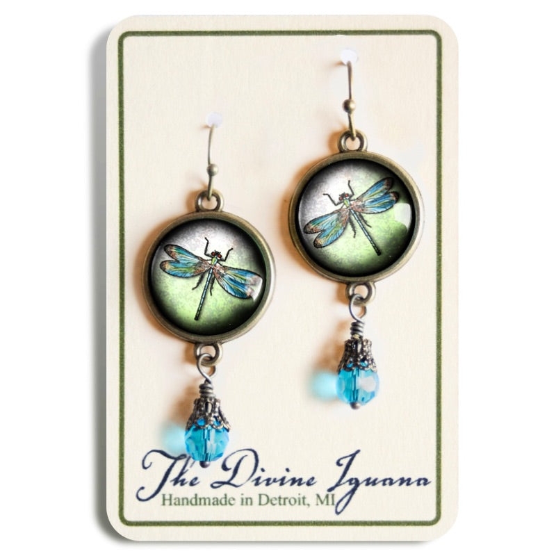 Dragonfly Vintage Inspired Glass Cabochon Earrings