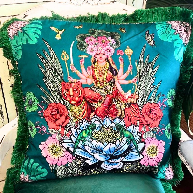 Durga Rugs Goddess Durga Deluxe Floral Forest Velvet Cushion – Grace Violet