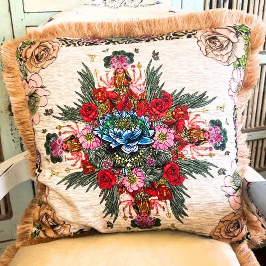 Goddess Durga Deluxe Floral Cream Velvet Cushion