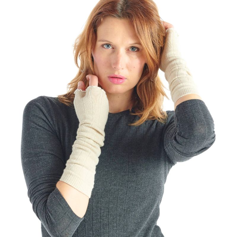 French Merino and Cashmere Long Mittens/Arm Warmers in Ecru