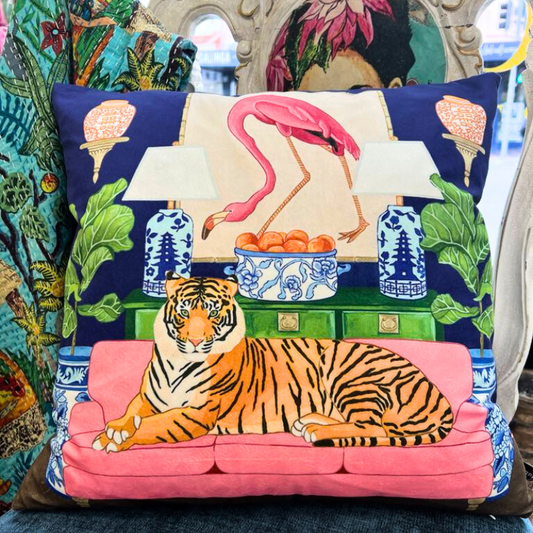 Flamingo Tiger Luxe Velvet Cushion with Feather Insert